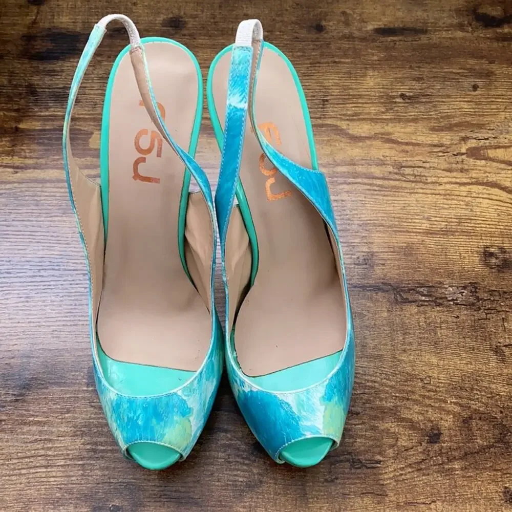 FSJ Blue & Green Abstract Paint Design Platform Slingback 5.5” + Heel - Picture 6 of 12
